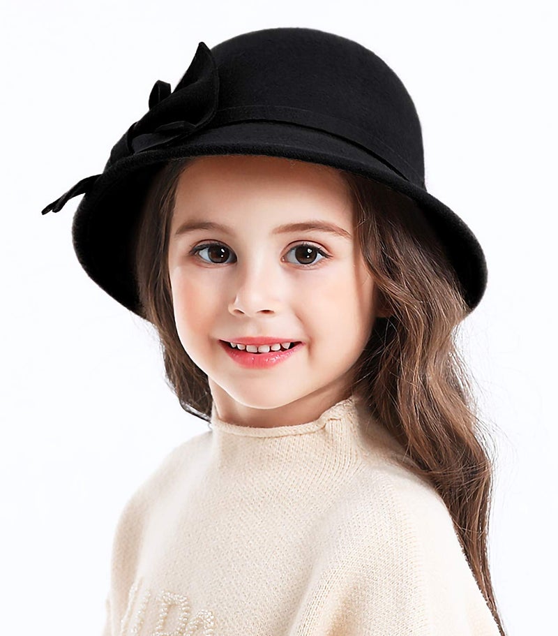 Bienvenu Kids Girls Winter Warm 100% Wool Bucket Hats Fedoras with Bowknot,Black - Image 5